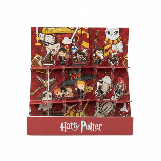 A set of acrylic food picks featuring various characters and items from the Harry Potter series, displayed in a clear packaging with red background.