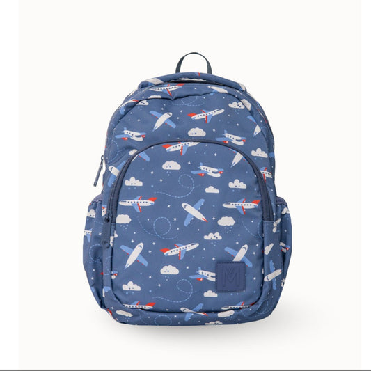 MontiiCo Mini Backpack - Jetset Blue backpack with airplane pattern on a white background