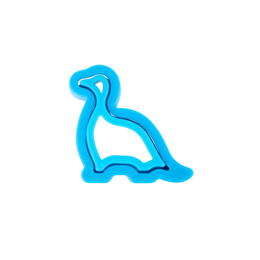 A blue plastic sandwich cutter and crimp in the shape of a dinosaur.