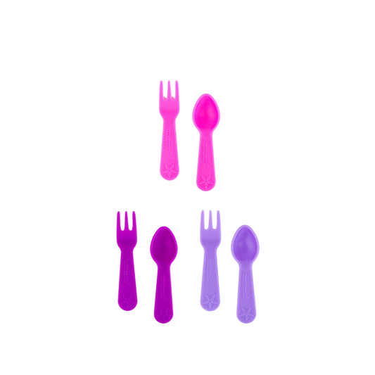Blush Lunch Punch fork and spoon set designed to fit bento boxes and prevent sticky fingers.