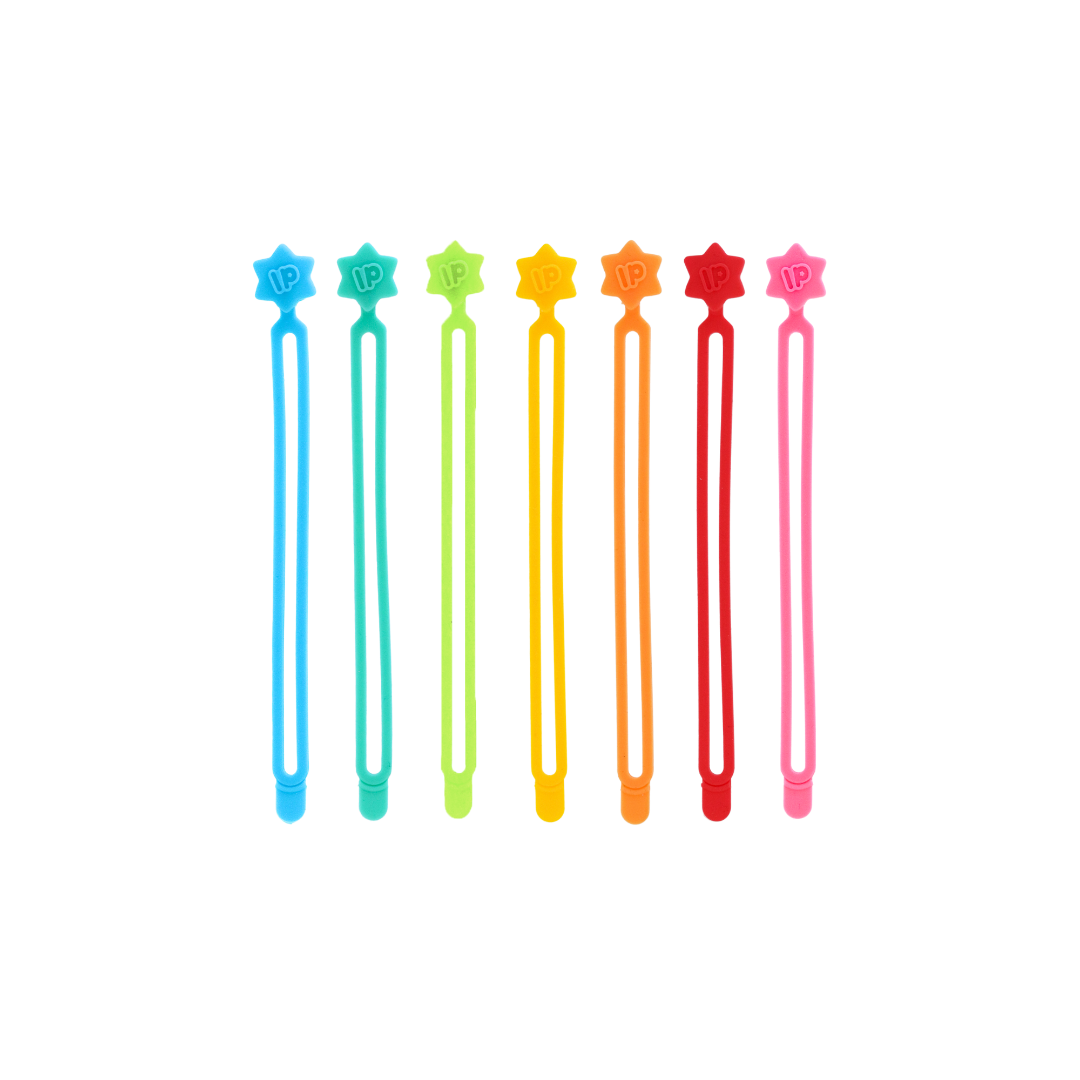 Set of colorful swizzle sticks with star-shaped ends on a white background