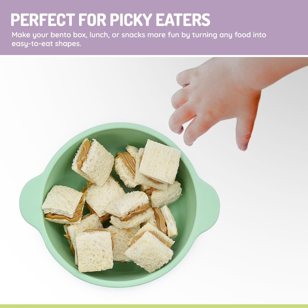 Green bowl with neatly arranged sandwiches and a hand reaching towards it, with text about being 'Perfect for Picky Eaters'.