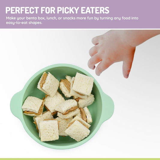 Green bowl with neatly arranged sandwiches and a hand reaching towards it, with text about being 'Perfect for Picky Eaters'.