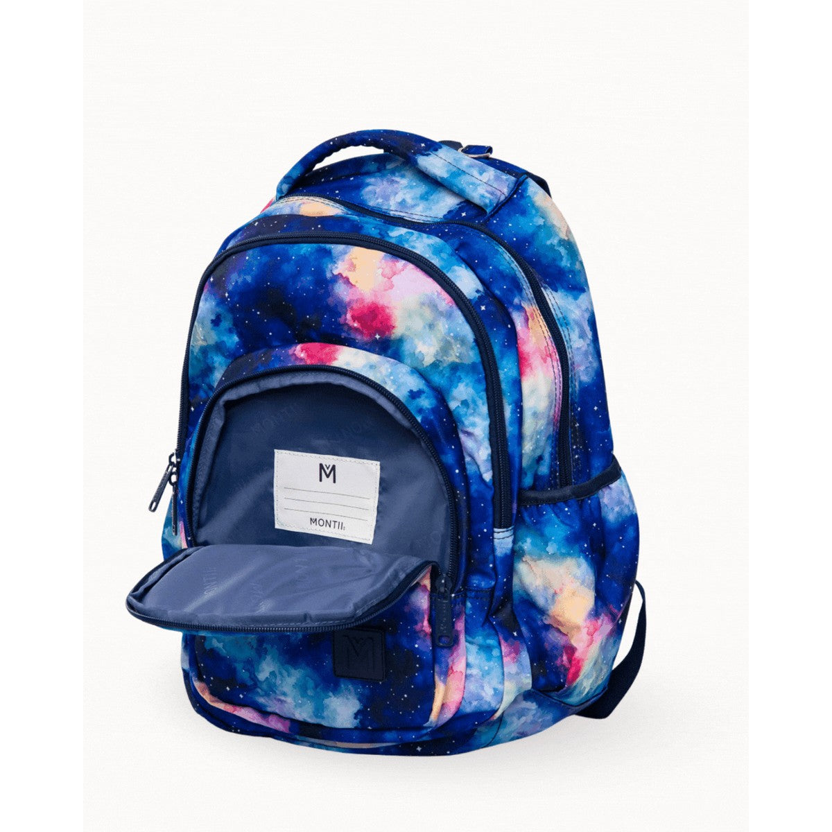 Montii Starlight Backpack with a colorful galaxy design on a white background