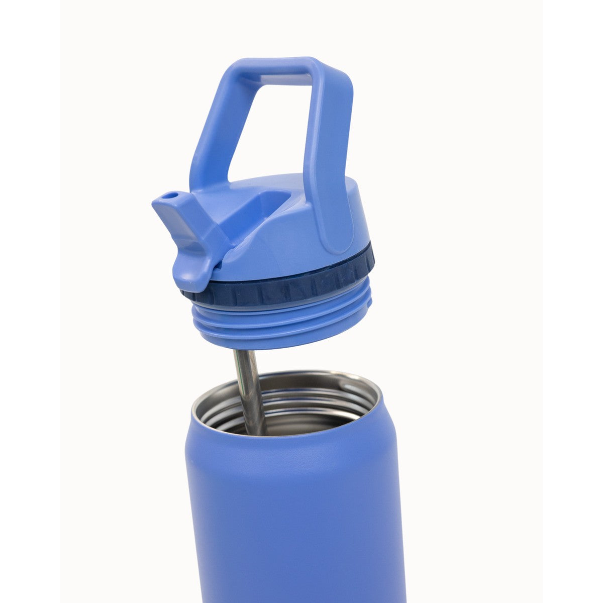 Blue water bottle with a screw-on cap on a white background