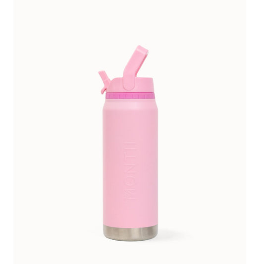 MontiiCo 750ml Sport Drink Bottle - Bubblegum with straw on a white background