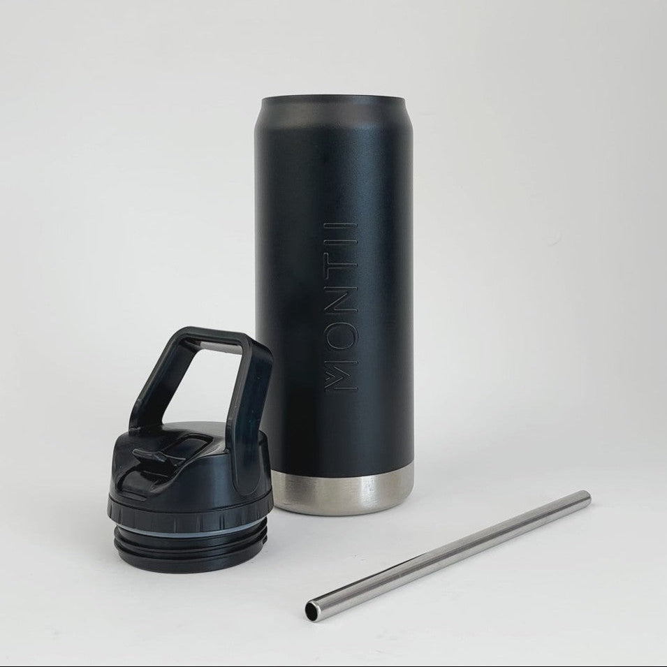 Black insulated  Montii Co tumbler with handle, lid, and straw on a white background