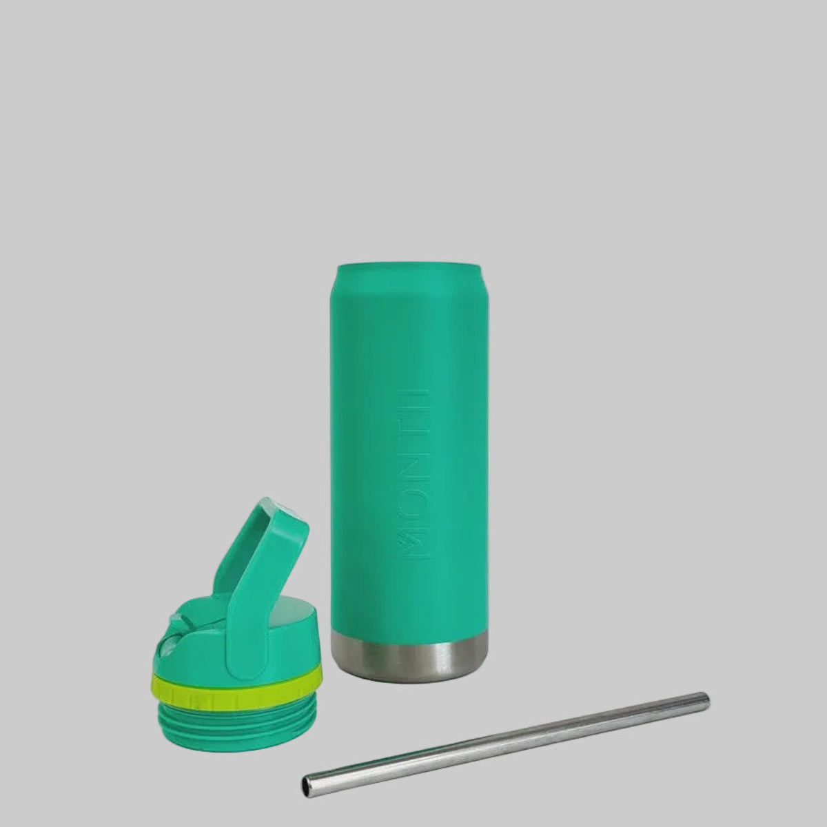 Mojito MontiiCo Green stainless steel water bottle with lid and straw on a white background
