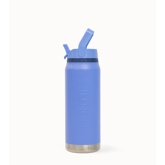 Blue water bottle with straw lid on a white background