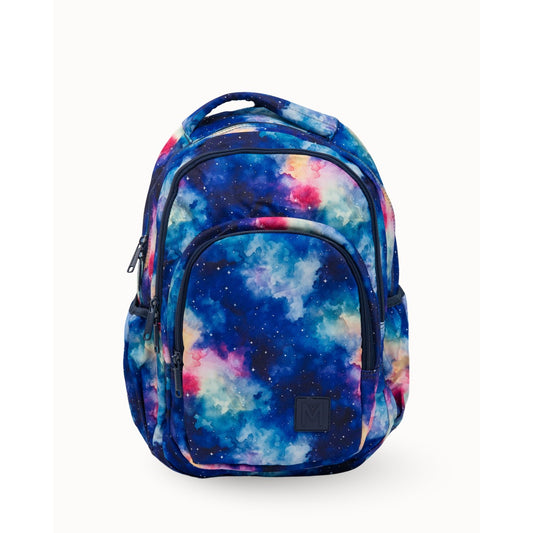 MontiiCo Starlight Backpack with a colorful nebula design on a white background
