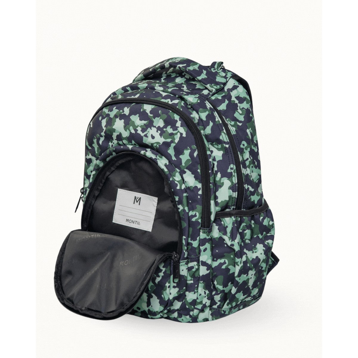 MontiiCo Stealth Camouflage  backpack with open front compartment on a white background