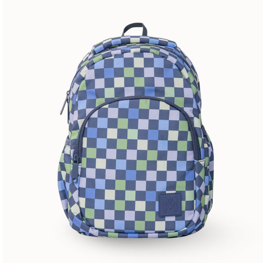 Checkered MontiiCo Mini Backpack - Checkmate with blue and green pattern on a white background