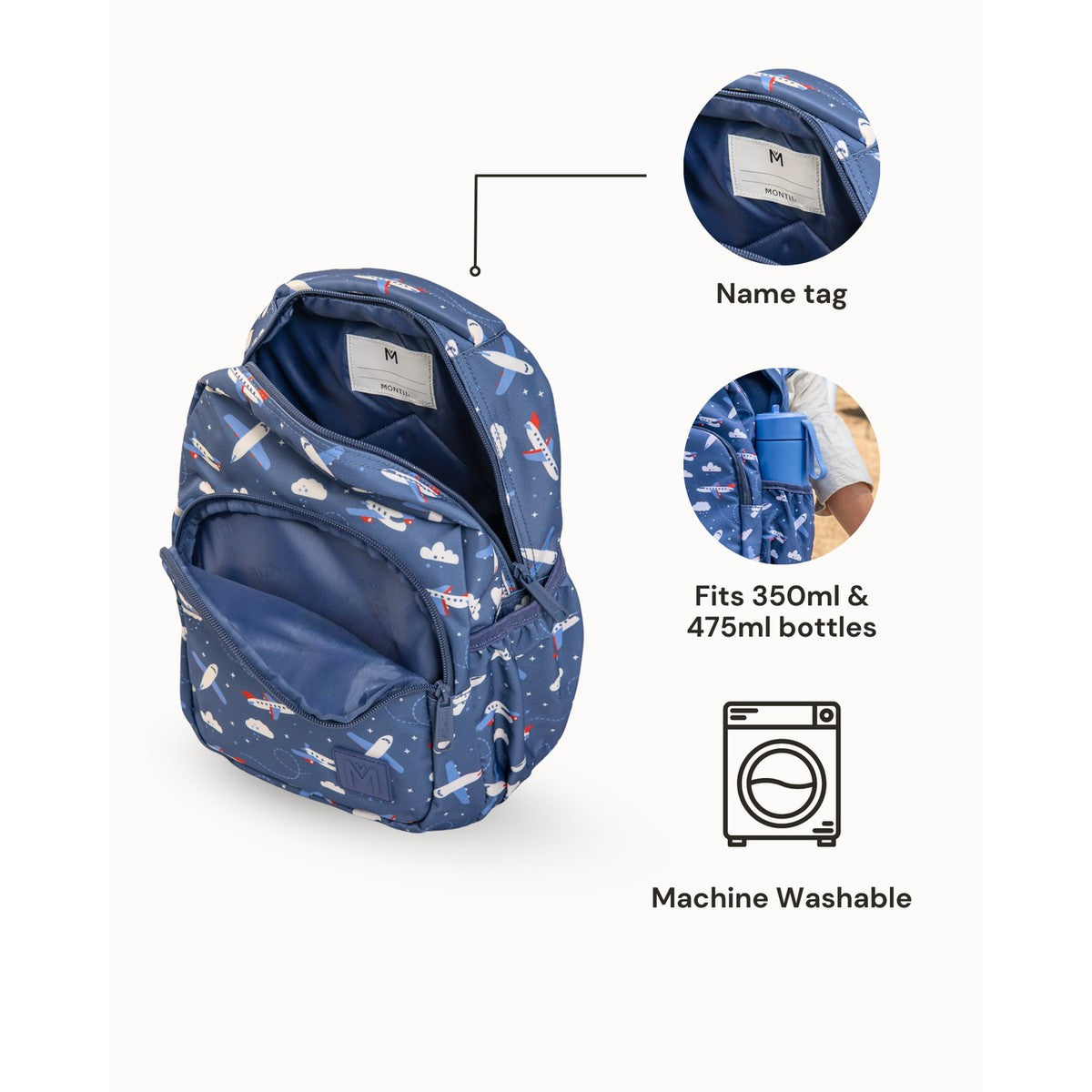 MontiiCo Mini Backpack - Checkmate Blue backpack with bottle holder features on a white background