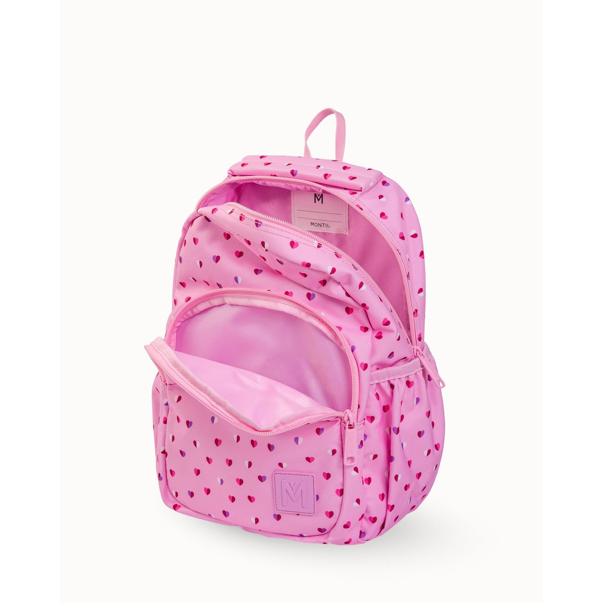 Pink MontiiCo Mini Backpack - Sweetheart with heart pattern on a white background