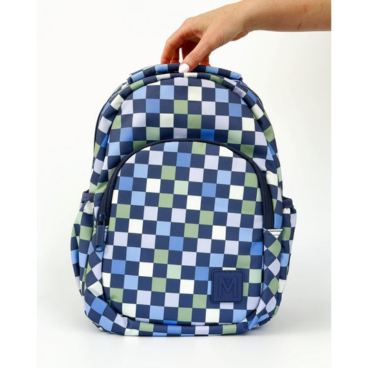 MontiiCo Mini Backpack - Checkmate Blue and green checkered backpack held by a hand on a white background