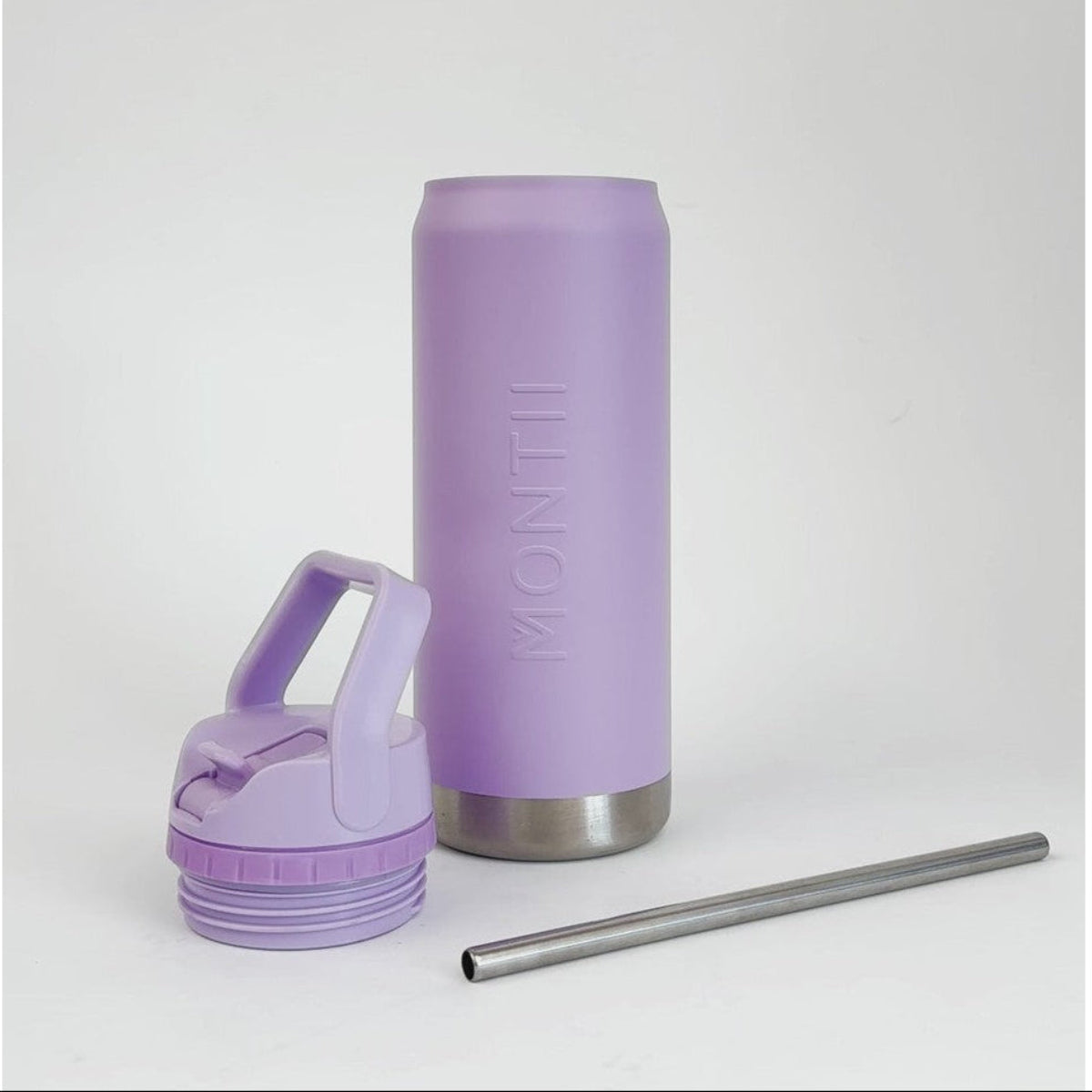 Montii Purple Sports Insulated Drink Bottle with lid and straw on a white background