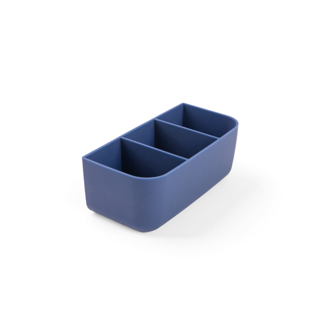 MontiiCo Bite Tray in Blue colour, a silicone three-compartment tray for kids’ lunch boxes.
