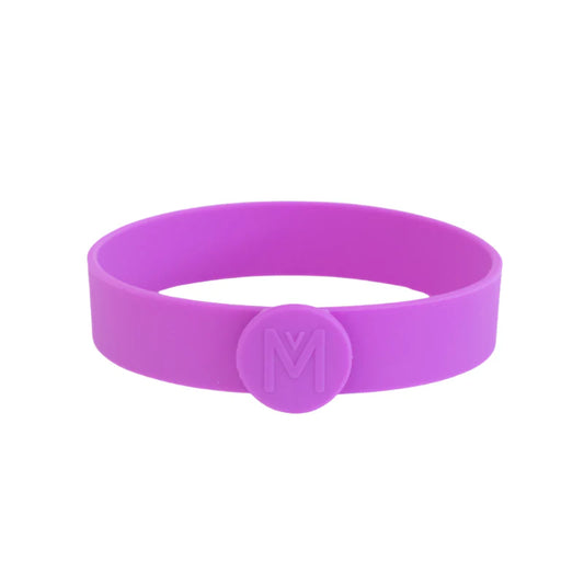 Fuchsia silicone cutlery band for MontiiCo food jars, holding one piece of cutlery securely in place.