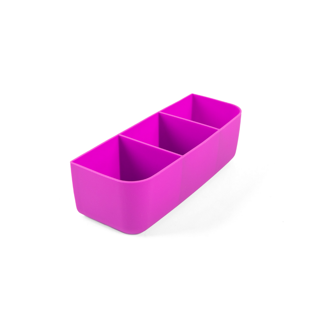 A fuchsia-colored silicone bento tray with compartments, designed to fit into a lunch box.