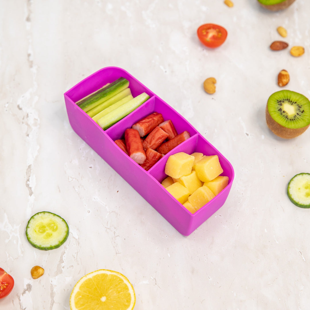 Fuchsia bento lunch tray insert; durable silicone tray for everyday use.
