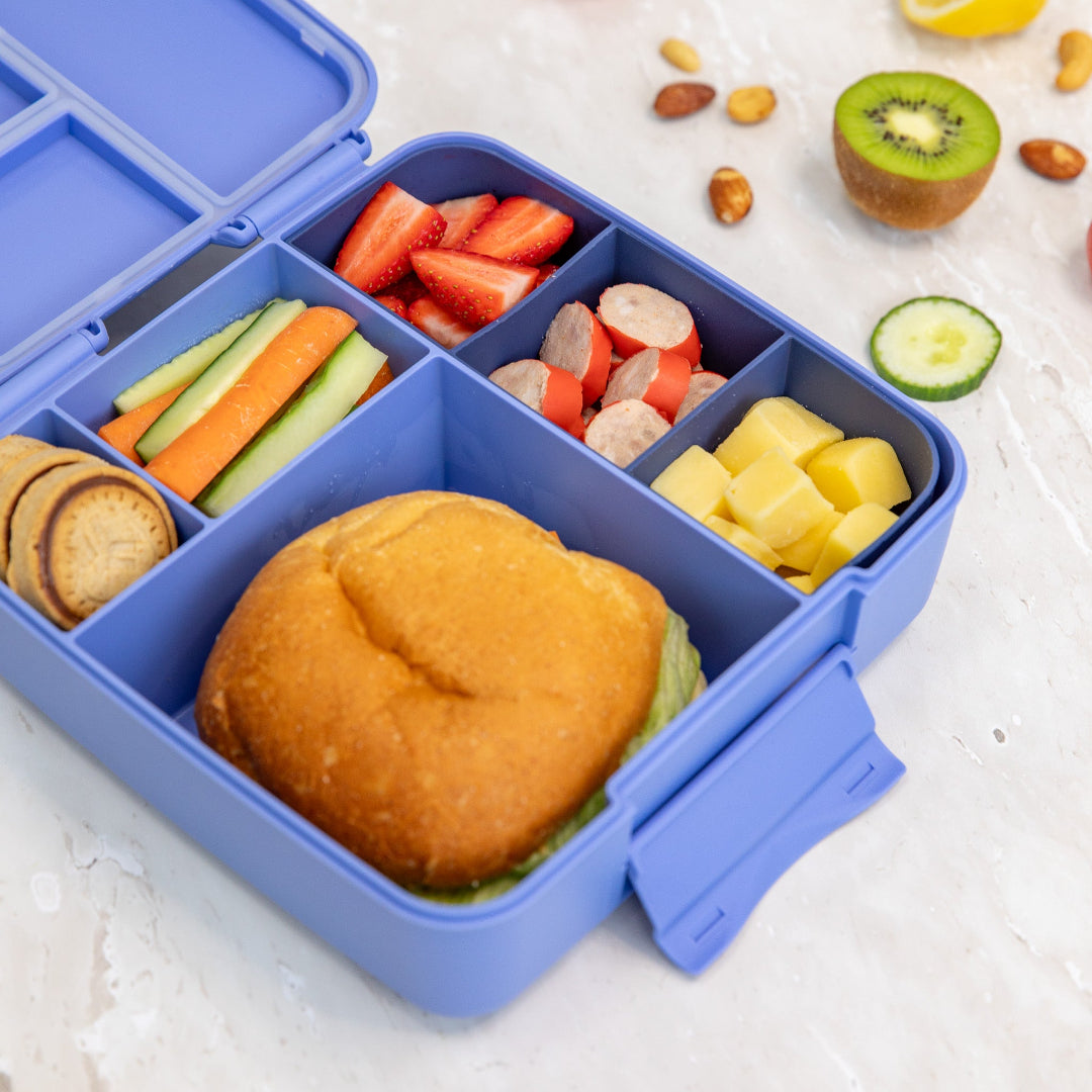 Navy divided silicone tray; reusable tray containers for kids’ lunches.