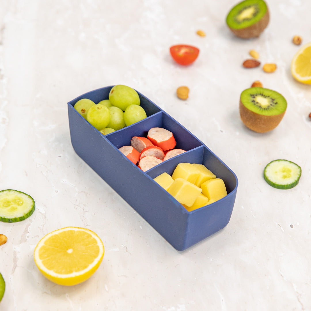 Navy bento lunch tray insert; flexible silicone tray for everyday meals.
