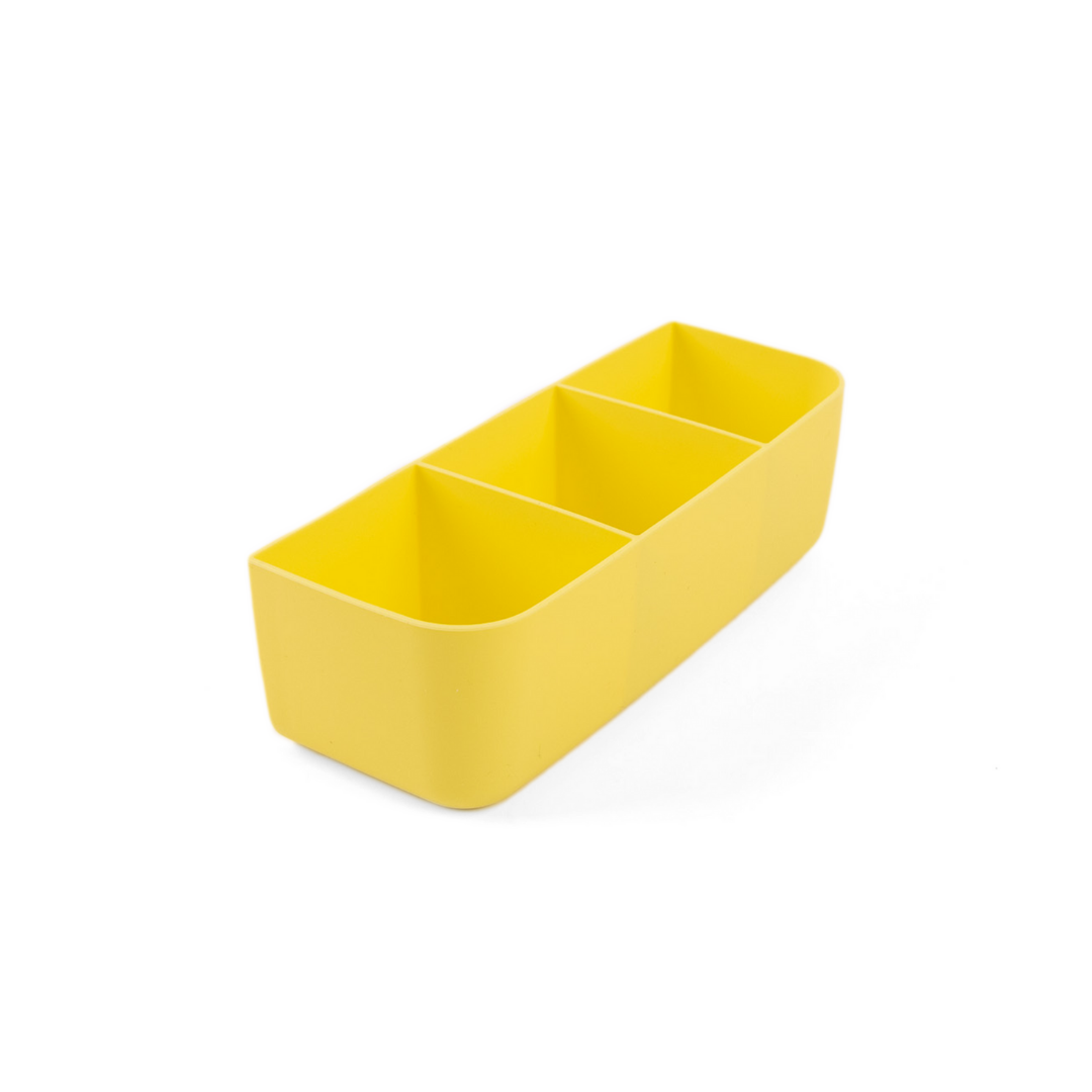 A yellow silicone bento tray with three compartments, designed to fit into a lunch box.
