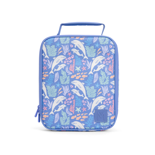 insulated lunch bag with dolphin and coral pattern on a white background