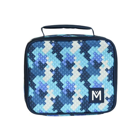 A medium-sized insulated lunch bag with a geometric pattern in blue, white, and gray tones, featuring a Montii.Co logo on the front.