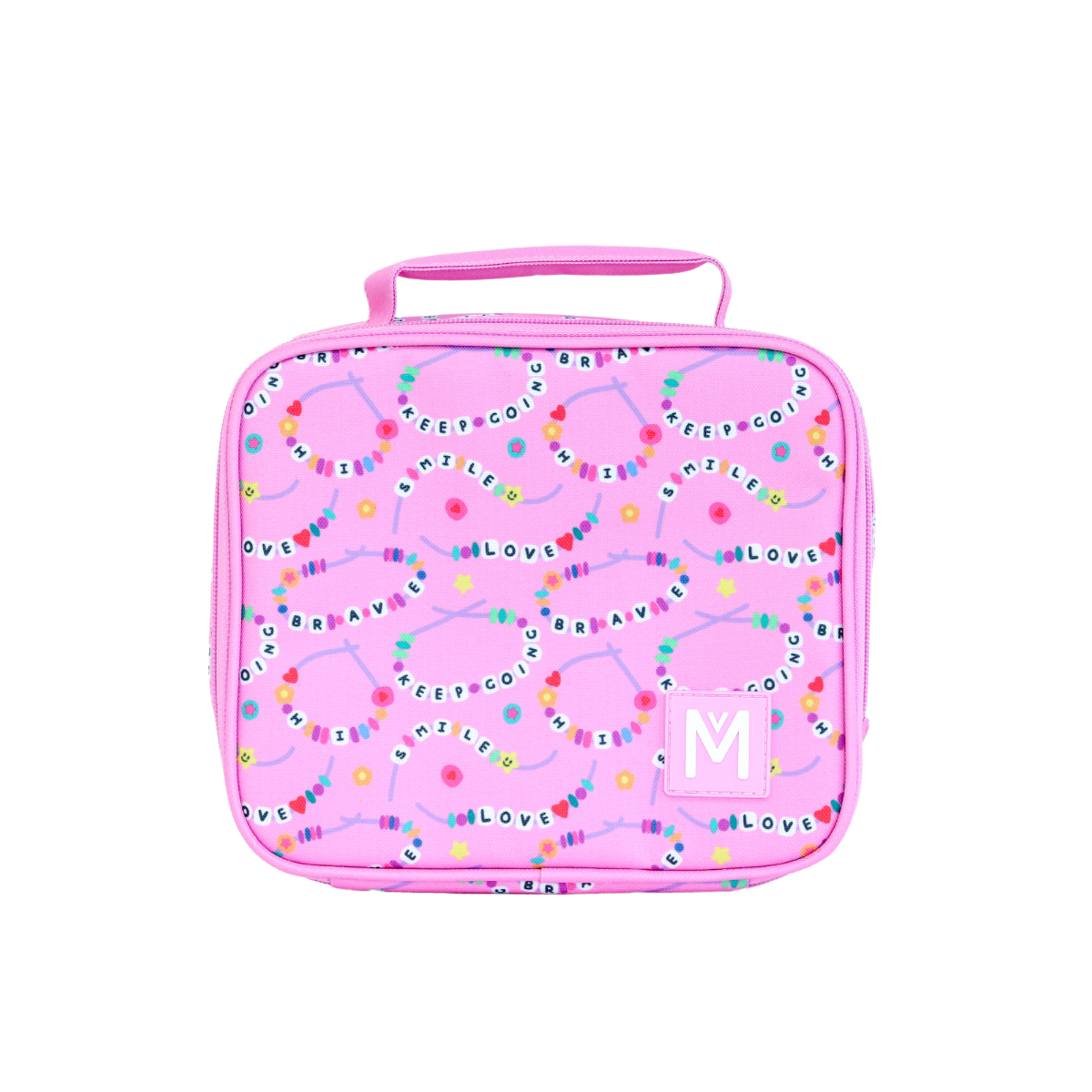 A friends forever pink lunchbag  decorated with colourful friendship‑bracelet‑style bead designs featuring positive words like “KEEP GOING,” “BRAVE,” “LOVE,” “SMILE,” and “KIND,” with a pink handle and a square patch displaying a white “Montiico” logo.