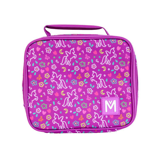 A pink insulated lunch bag with a unicorn and floral pattern, featuring a custom Montii zipper and a pocket for an ice pack.