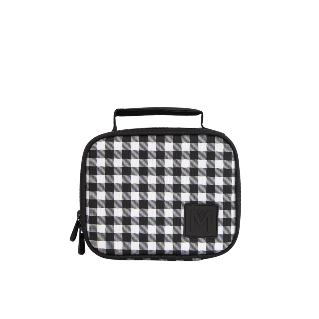 montiico mini insulated lunch bag in black and white gingham pattern with top handle and zipper