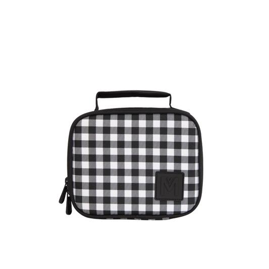 montiico mini insulated lunch bag in black and white gingham pattern with top handle and zipper