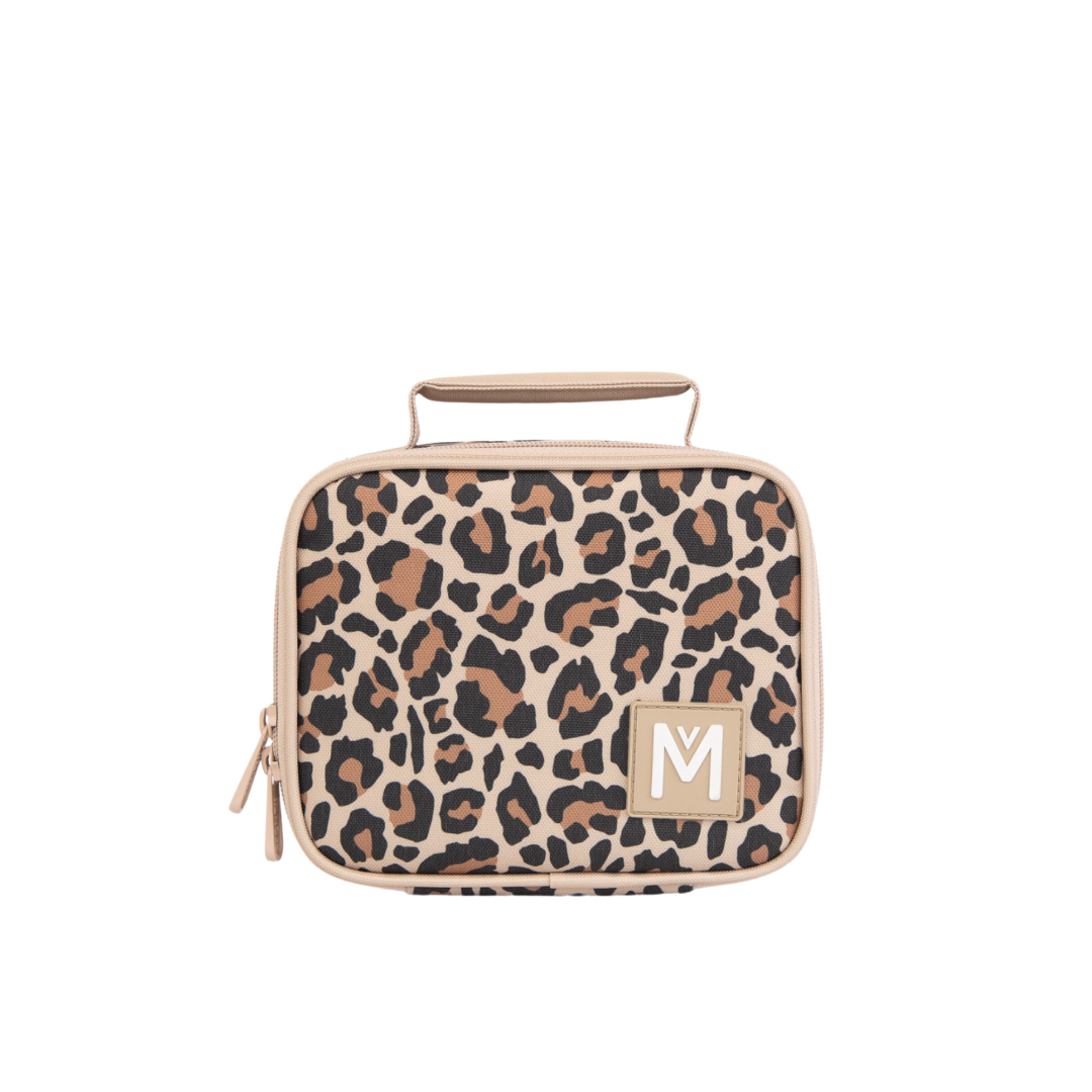 montiico mini insulated lunch bag in safari leopard print with beige handle and zipper