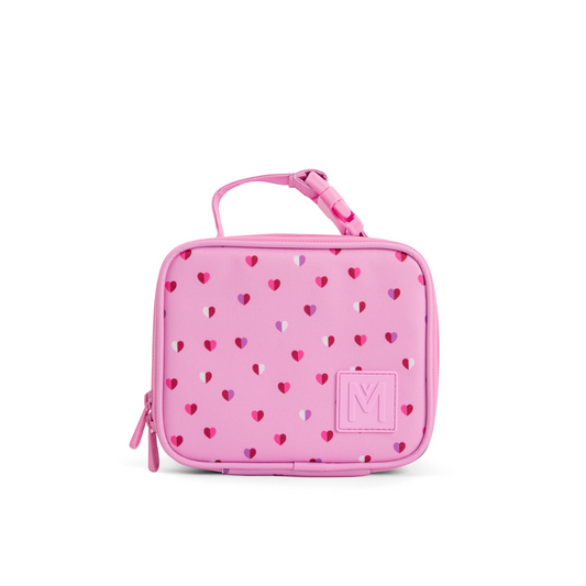 Sweetheart Mini MontiiCo insulated lunch bag sized for daycare snacks with clip handle and aluminium lining.
