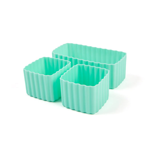 Three turquoise marine silicone bento cups on a white background