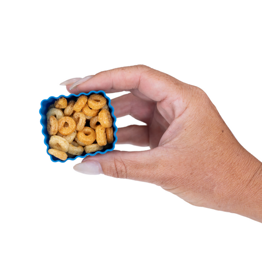 MontiiCo mixed bento cups with fluted sides, shown in  snack cup in lunch box.