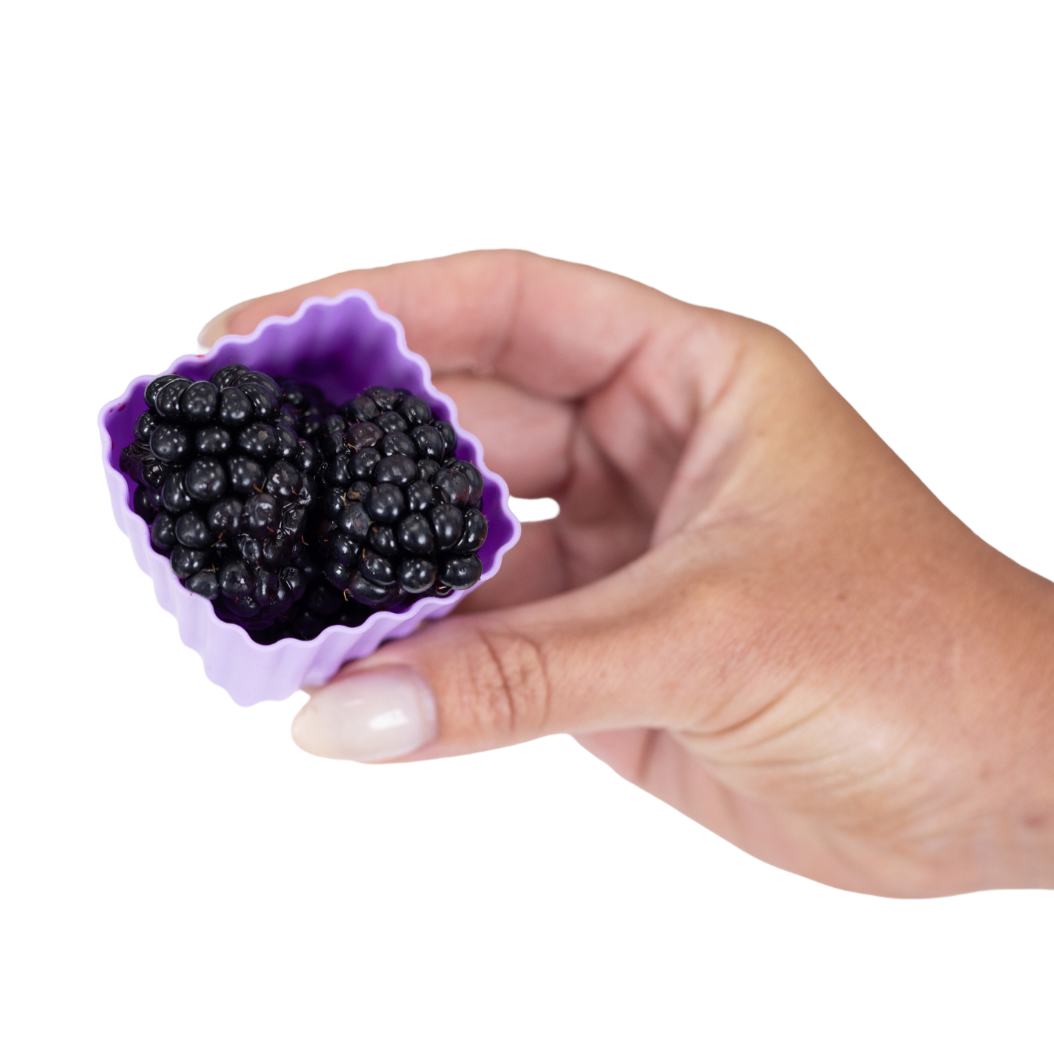 Hand holding dusk purple MontiiCo mixed bento cup with fluted sides, shown with berries for organising snacks in lunch boxes.