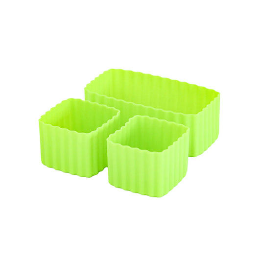 Three matcha green silicone bento molds on a white background