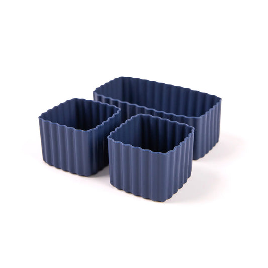 Set of three navy blue bento cups on a white background