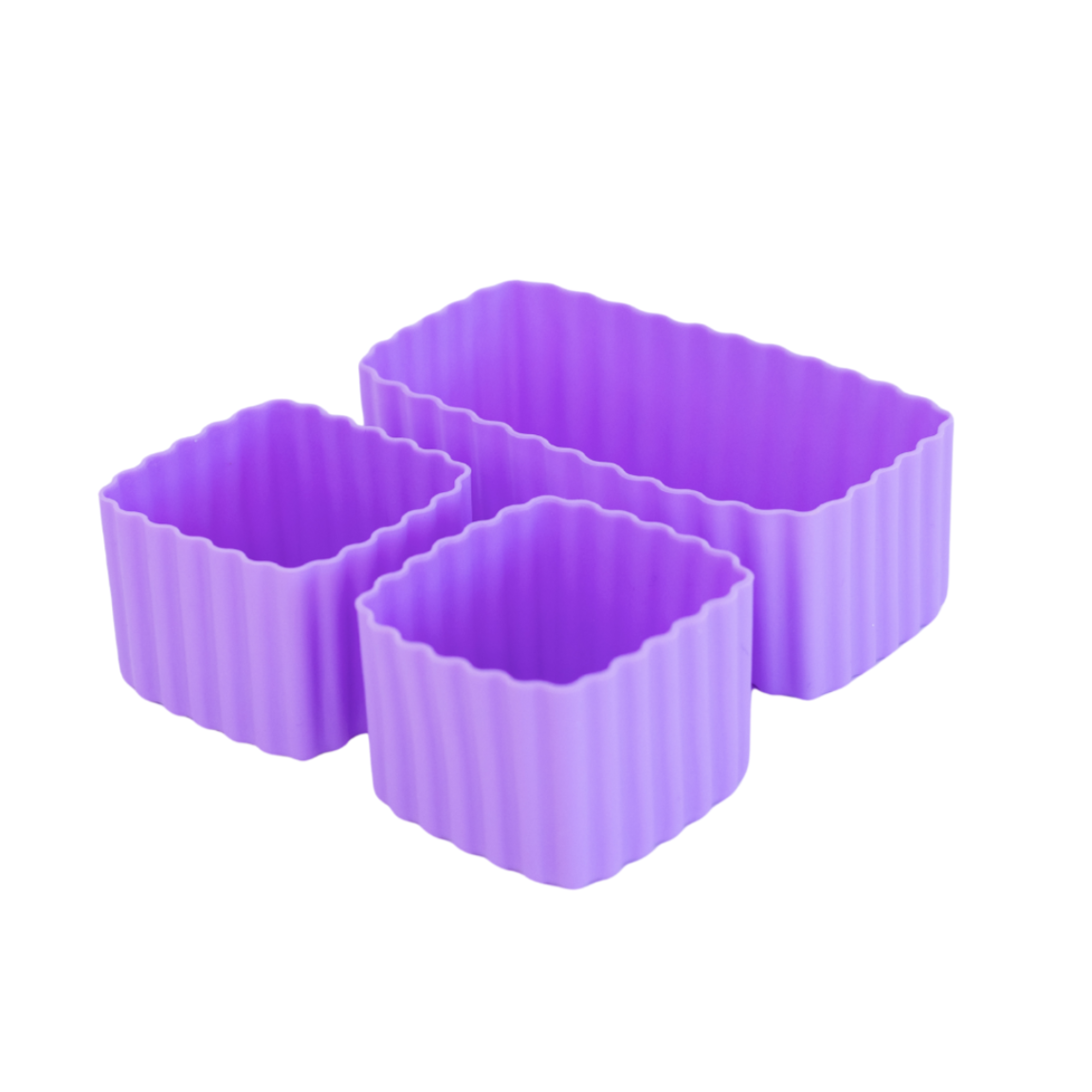 A set of three purple silicone bento cups of different sizes, including one rectangular cup and two square cups.