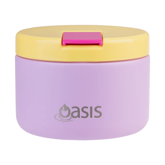 Bubblegum Pink Oasis 300ml insulated food flask with stainless steel body and quick-release lid.
