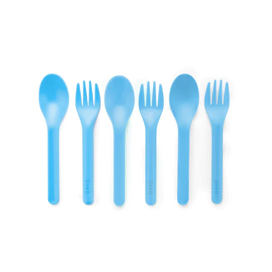 Blue Omie fork and spoon set with nesting design and kid‑safe tines for easy self‑feeding.