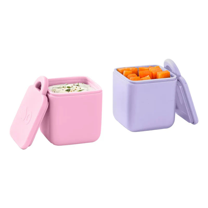 omie dip pack of 2 in pink and purple shown with lids on, baby bento