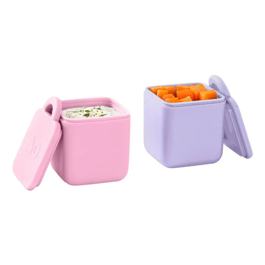 omie dip pack of 2 in pink and purple shown with lids on, baby bento