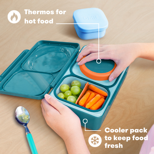 Cherry Pink OmieBox Up hot and cold bento box showing insulated thermos container being lifted out for easy use.