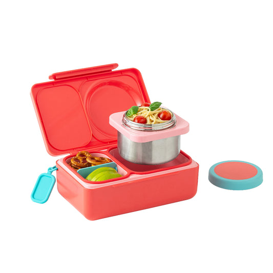 OmieBox Up Hot & Cold Bento Box in Cherry Pink open to show deep compartments, insulated thermos and modular lunch container layout.