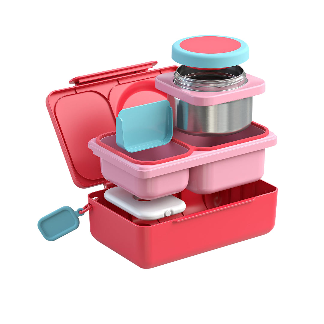 Cherry Pink OmieBox Up grown up lunch box stacked to show modular deep compartments and removable insulated thermos.