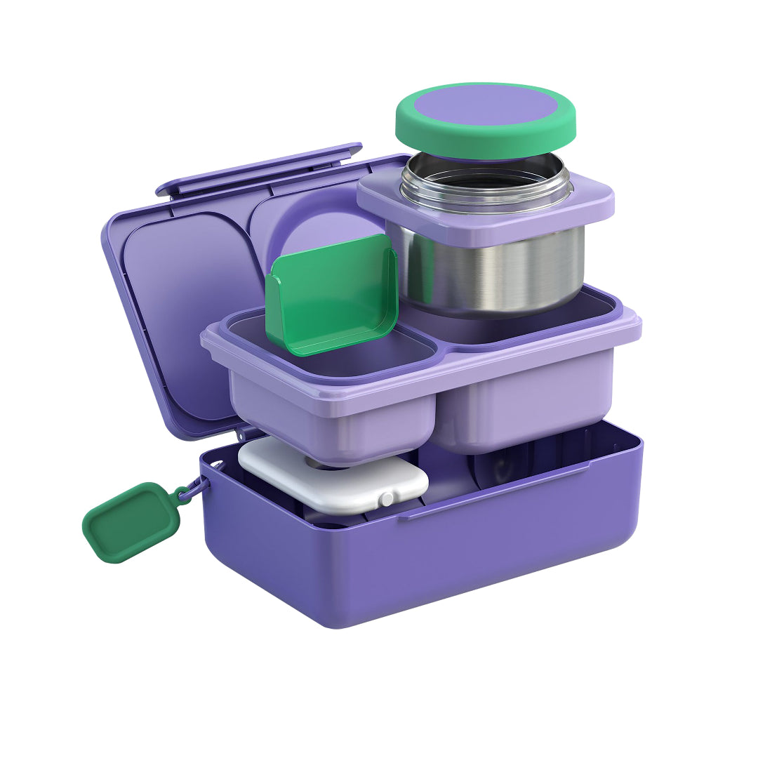 Galaxy Purple OmieBox Up hot and cold bento box showing insulated thermos container with modular deep compartments for a grown up lunch container.