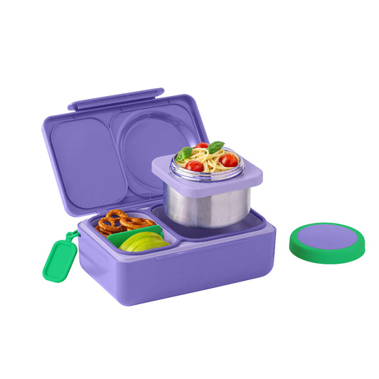 OmieBox Up Hot & Cold Bento Box in Galaxy Purple open to show deep compartments, insulated thermos and lunch container layout.